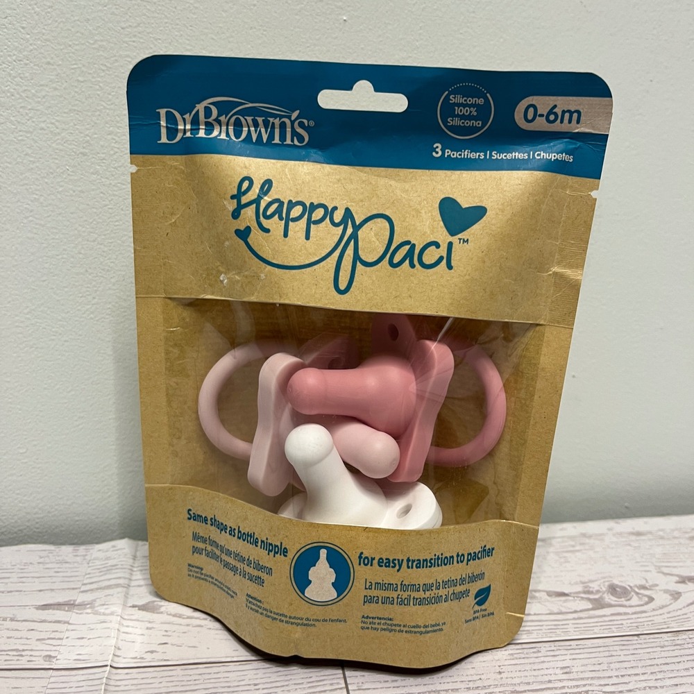 Dr. Brown's HappyPaci 100% Silicone Pacifiers 0-6m Pink White 3 Pack PS13005